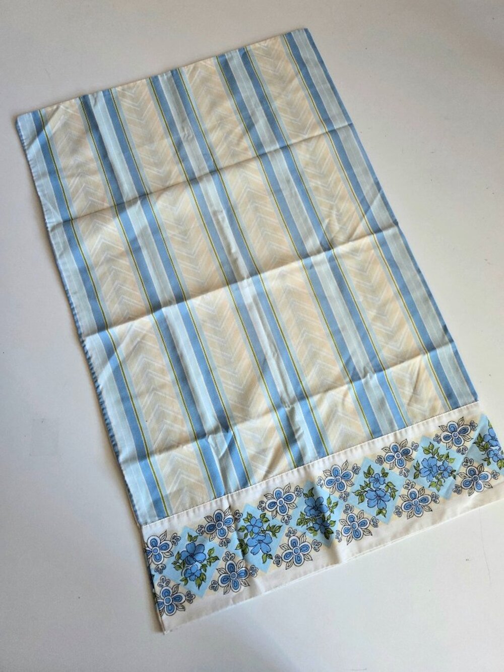 Vintage Midcentury Pillow Case Stripes Floral Blue White Design